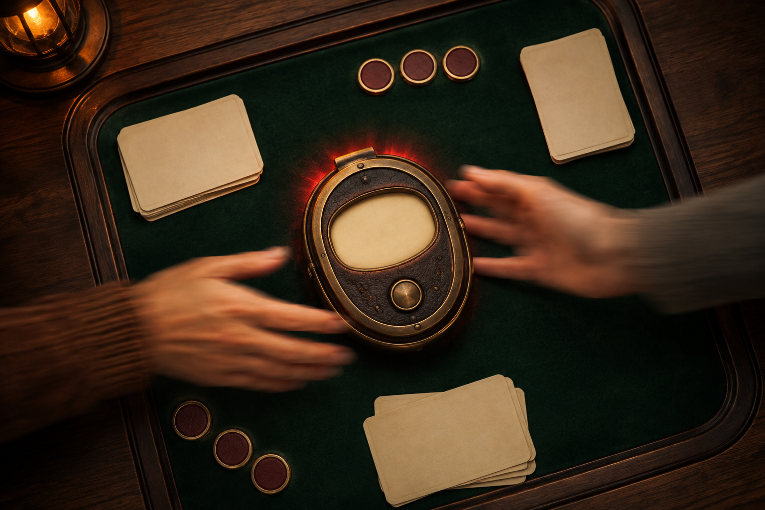 A brass-and-leather word timer being passed across a dark green game table