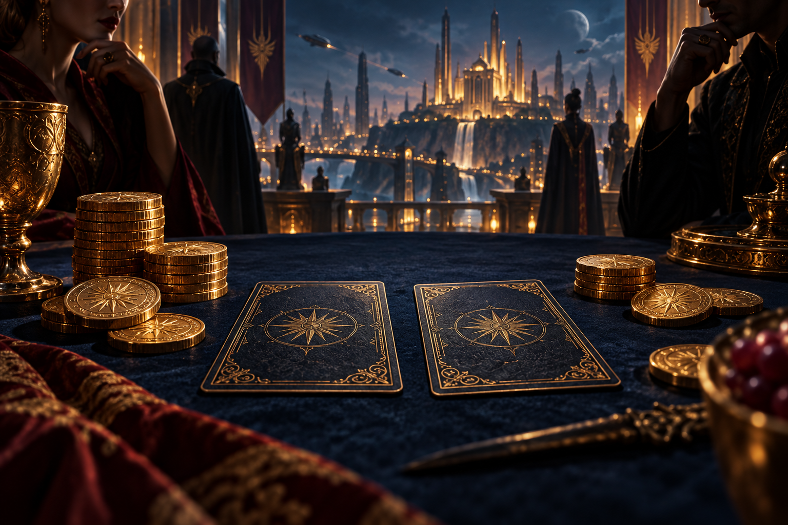 Two hidden influence cards and gold coins before a moonlit palace