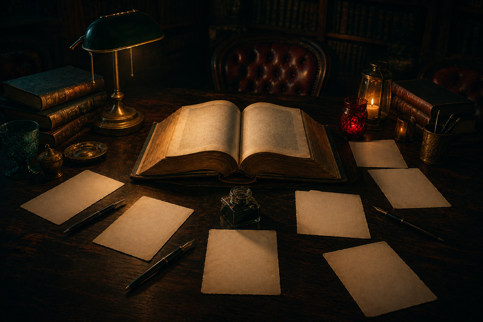 An antique dictionary and anonymous definition slips on a candlelit library table