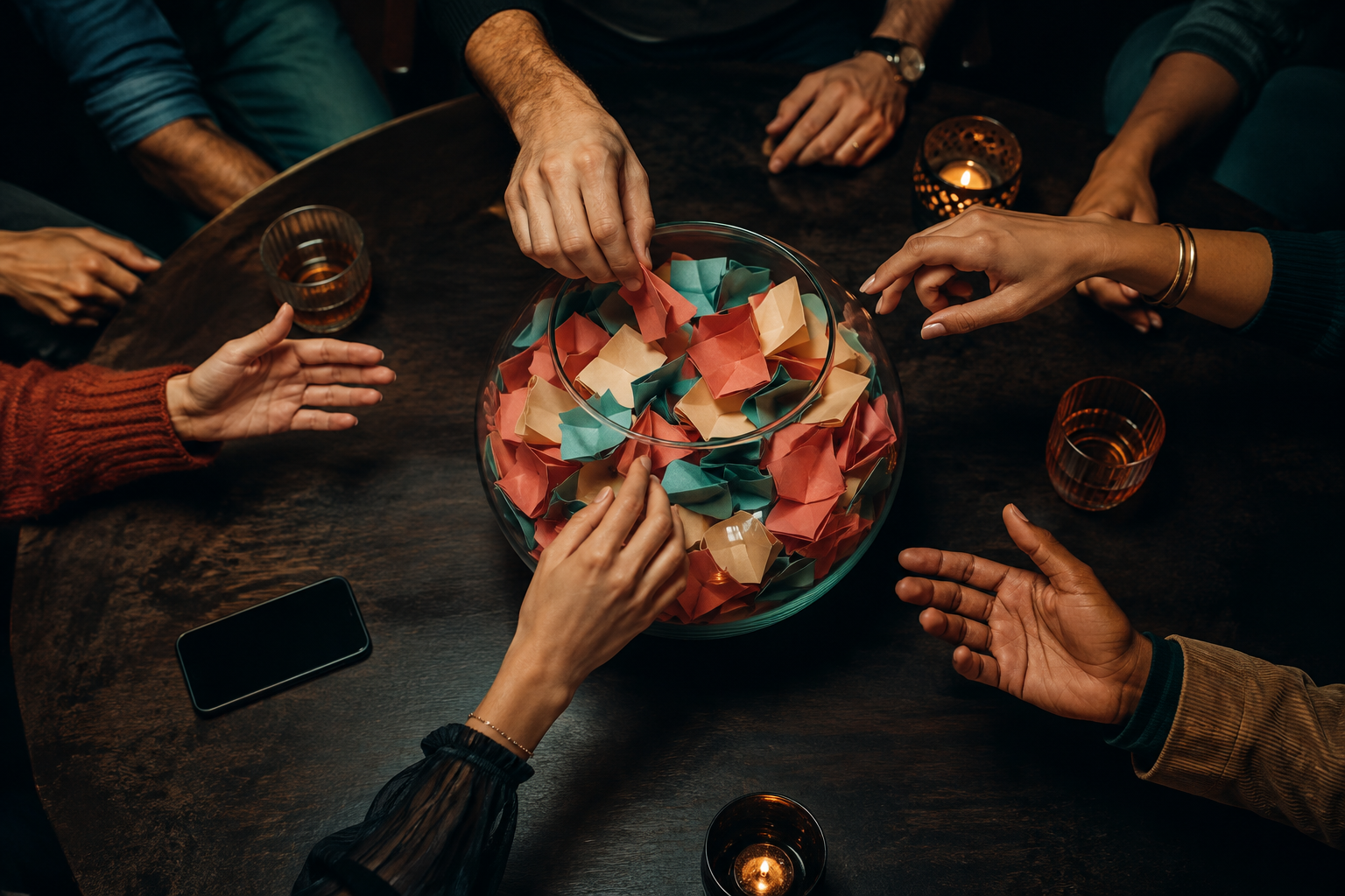 A glass bowl filled with colorful paper slips at a lively evening game table