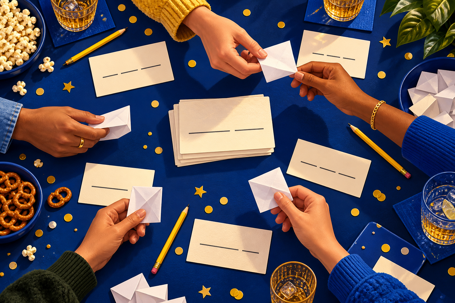 Anonymous sentence cards and folded answers passed around a blue party table