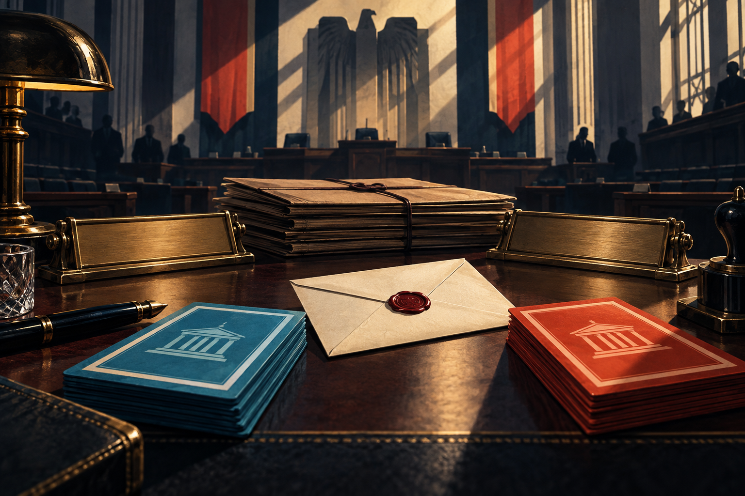 Sealed dossiers and blue and red policy cards on a parliamentary desk