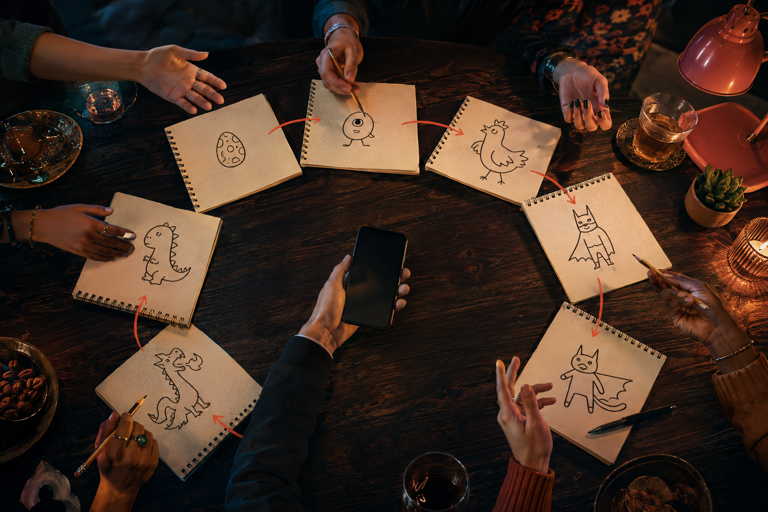 Playful drawings and notes being passed around a party table