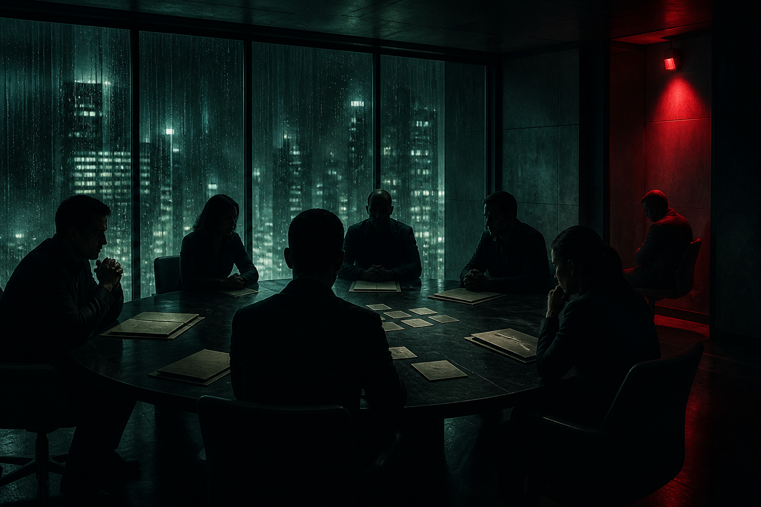 A covert briefing around a shadowy round table