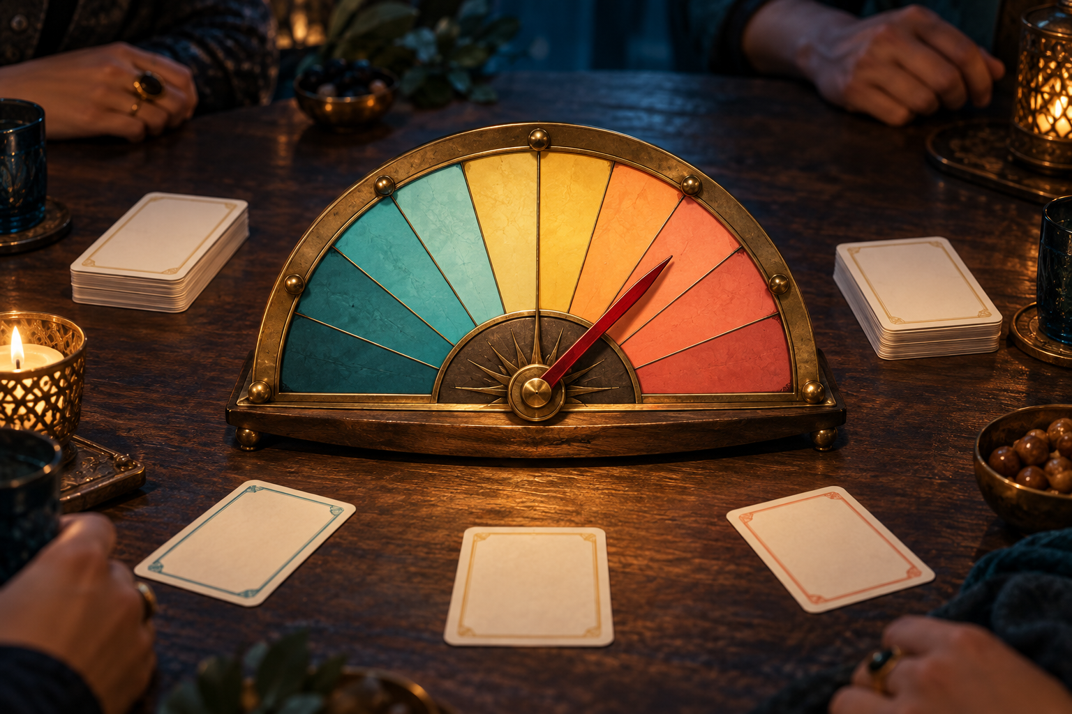 A brass spectrum dial with turquoise, gold and coral bands on a warmly lit game table