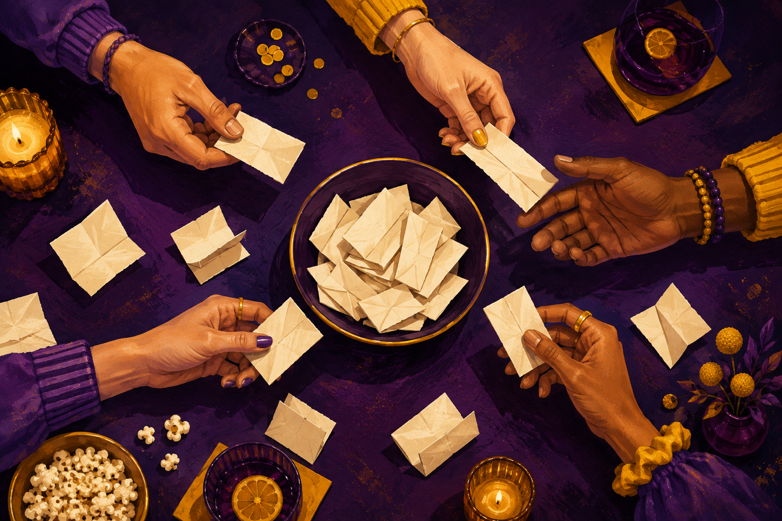 Anonymous paper slips being passed around a purple game table